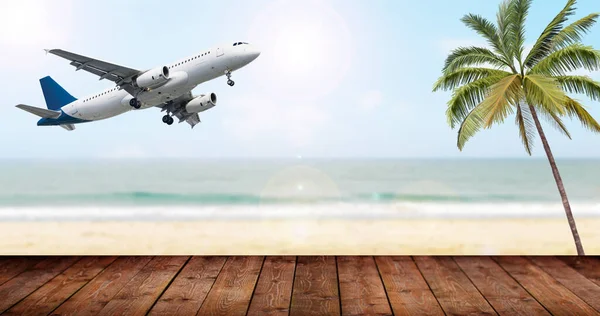 在美丽的海滩上的木板 上面有棕榈树和一架飞行的飞机 — 图库照片