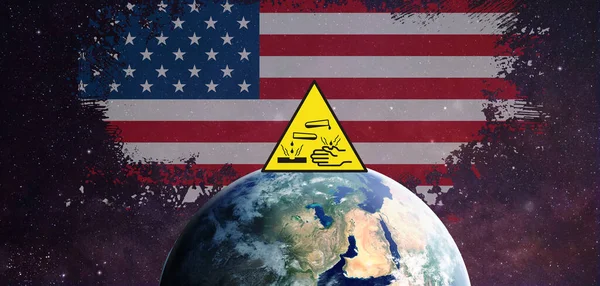 Usa Bandera Junto Tierra Universo Con Una Advertencia Ácida — Foto de Stock