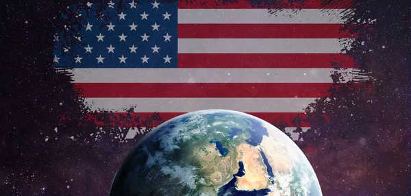 Usa Flaga Obok Ziemi Wszechświecie — Zdjęcie stockowe
