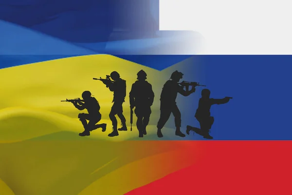 shadow of armed soldiers on flag of Ukraine and Russia