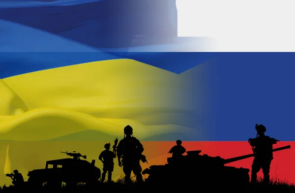 Танки Озброєні Солдати Прапорі України Росії — стокове фото