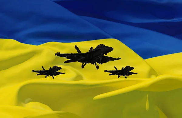Прапор України Трьома Реактивними Винищувачами Вершині Прапора — стокове фото