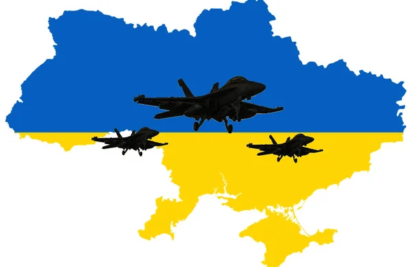 Μαχητικό Τζετ Πάνω Από Την Ουκρανική Σημαία Λευκό Φόντο — Φωτογραφία Αρχείου
