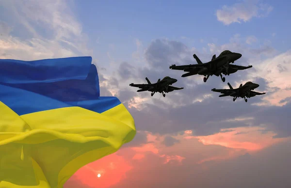 Ucraina Sventola Bandiera Con Jet Che Vola Sopra Testa — Foto Stock