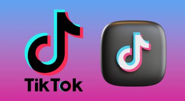 Tiktok 3d logosu ve neon rengi arka planda 2d logosu