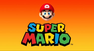 Mario Bros 'un kafası turuncu arka planda Mario Bros logosu var.