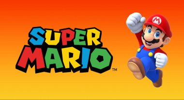 Süper Mario Bros, turuncu arka planda orijinal Mario Bros logosunun yanında zıplıyor.