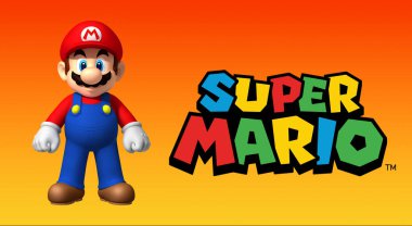 Süper Mario Bros turuncu arka planda Süper Mario logosunun yanında duruyor.