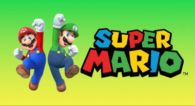 Süper Mario Kardeşler ve Luigi yeşil arka planda süper Mario logosuyla zıplıyorlar