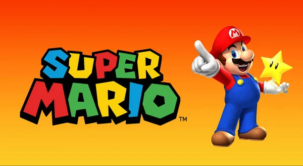 Super Mario Bros Wskazując Obok Oryginalnego Mario Bros Logo Pomarańczowym — Zdjęcie stockowe