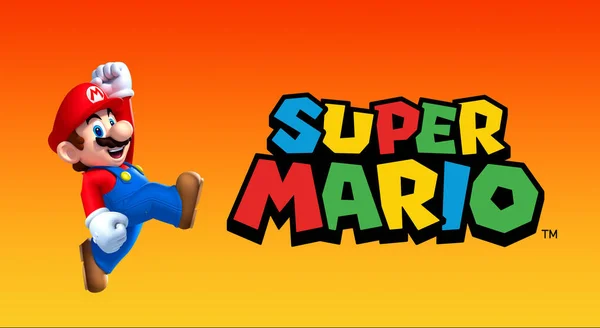 Super Mario Bros Saltando Con Logo Mario Bros Sobre Fondo —  Fotos de Stock