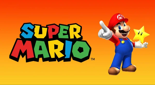 Super Mario Bros Apuntando Dedo Sobre Fondo Naranja Con Logo —  Fotos de Stock