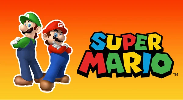 Mario Luigi Logo Super Mario Bros Pomarańczowym Tłem — Zdjęcie stockowe