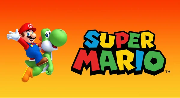 Super Mario Bros Ridning Yoshi Grøn Baggrund - Stock-foto