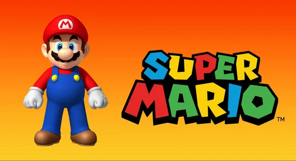 Super Mario Bros Stojący Obok Super Mario Logo Pomarańczowym Tle — Zdjęcie stockowe