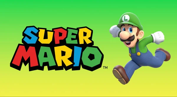 Luigi Haciendo Pequeño Salto Con Logo Super Mario Sobre Fondo — Foto de Stock