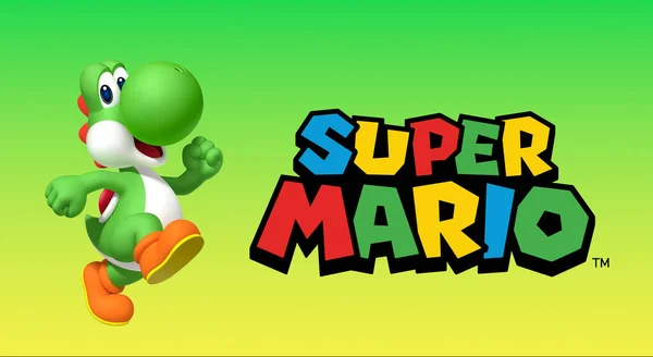 3Dで元のヨシは スーパーマリオのロゴの横に緑の背景に小さなジャンプを与えます — ストック写真