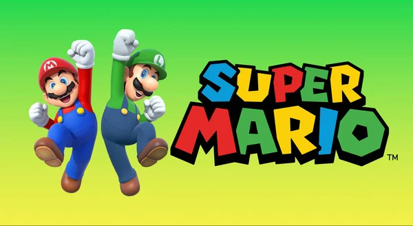 Süper Mario Kardeşler Luigi Yeşil Arka Planda Süper Mario Logosuyla — Stok fotoğraf