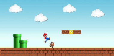 Süper Mario kardeşlerin tünelleri ve kutuları olan retro haritası ve Mario 'nun düşman 3D' sinin üzerinden atlaması.