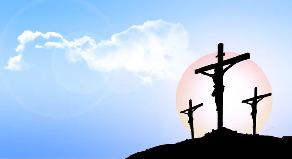 Easter cross with a background sun on a blue background with a background glow with clouds