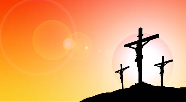 Easter cross with a sun in the background in orange background with a glow in the background