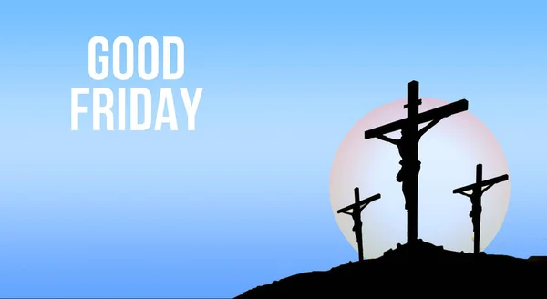 Easter cross with a sun in the background on a blue background with a text Good Friday