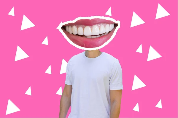 slender man in white shirt with a big mouth covering his face on pink background with triangles
