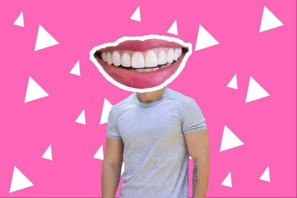 slender man in white shirt with big mouth covering his face on pink background