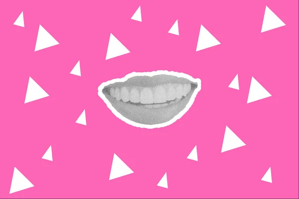 stock image beautiful smile of a woman on pink background with abstract shaped triangles and noise