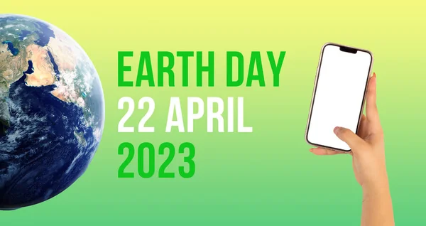 world earth day april 22 with an earth and a woman holding a cell phone 2023