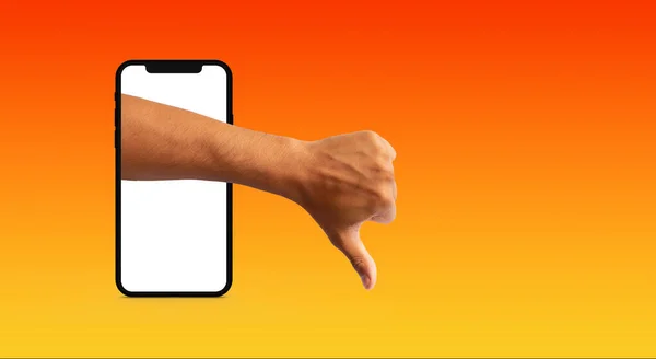 Hand Mörkhårig Man Med Tummen Ner Kommer Mobiltelefon Orange Bakgrund — Stockfoto