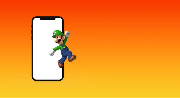 Luigi Kommt Aus Handy Mit Weißem Bildschirm Auf Orangefarbenem Hintergrund — Stockfoto