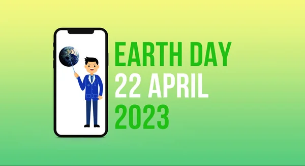 earth day concept. A doctor pointing to the earth in the middle of a new cell phone