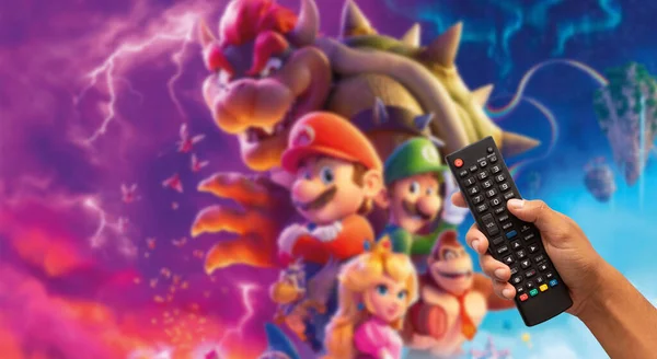 Woman Holding Controller Front New Super Mario Movie Poster Style — Stock Photo, Image