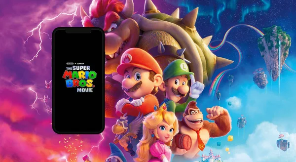 Original Poster Super Mario Bros Movie Black Screen Cell Phone — Stock Photo, Image