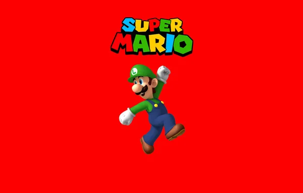 Luigi Super Mario Bros Saltando Fundo Vermelho Com Logotipo Original — Fotografia de Stock