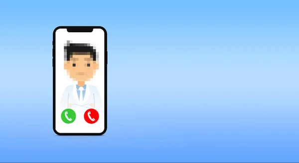 青い背景の携帯電話に顔がピクセル化された医師からの着信 — ストック写真