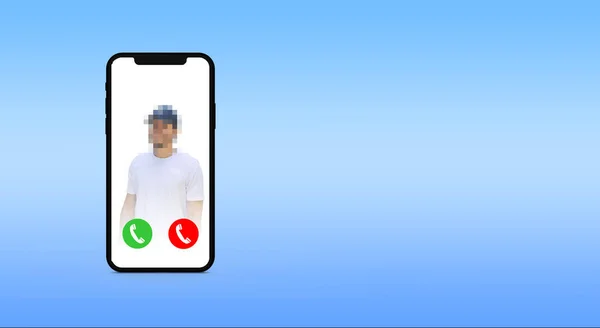 Call Received Cell Phone Photo Embarrassed Man White Pixelated Face — Stock Photo, Image