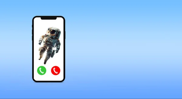 Llamada Recibida Teléfono Celular Con Astronauta Fondo Sobre Fondo Azul — Foto de Stock