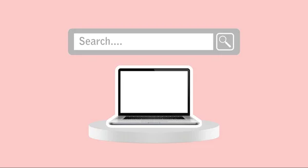Laptop Search Bar Top Cylinder Pedestrian Pink Background — Stock Photo, Image