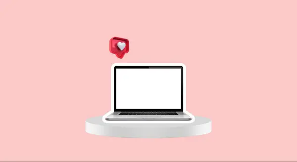 Laptop Vrcholu Válce Chodec Srdce Růžovém Pozadí — Stock fotografie