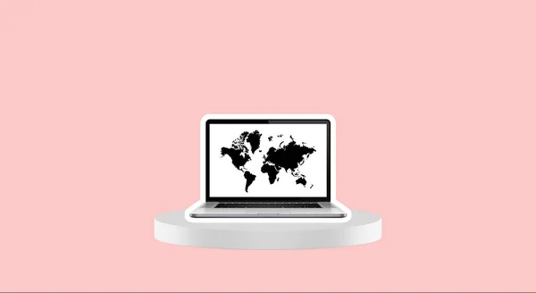 3D圆柱形行人顶部的笔记本电脑 带有粉色背景的世界地图 — 图库照片