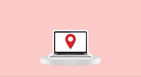 Laptop Mit Symbol Eines Ortes Auf Karte Auf Rosa Hintergrund — Stockfoto