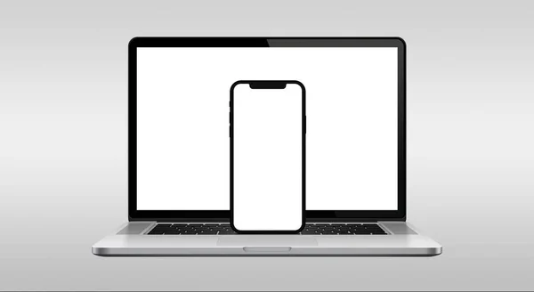 Ноутбук Последнего Поколения Мобильный Телефон Белым Экраном Градиентным Белым Фоном — стоковое фото