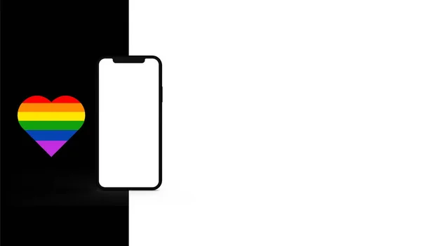 新的手机 带有白色屏幕和心形的Lgbt社区标志 — 图库照片