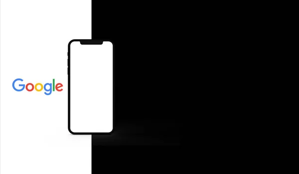 Nowy Telefon Komórkowy Białym Ekranem Logo Google — Zdjęcie stockowe