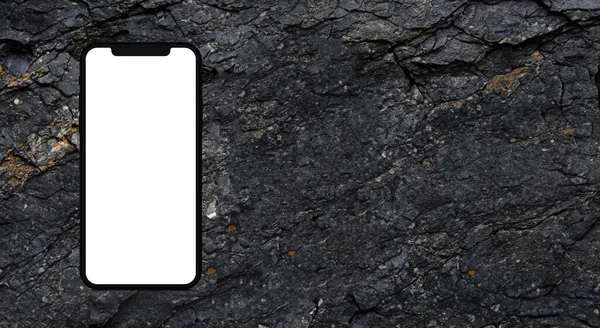 Черный Известняк Каменная Стена Белым Экраном Мобильного Телефона — стоковое фото
