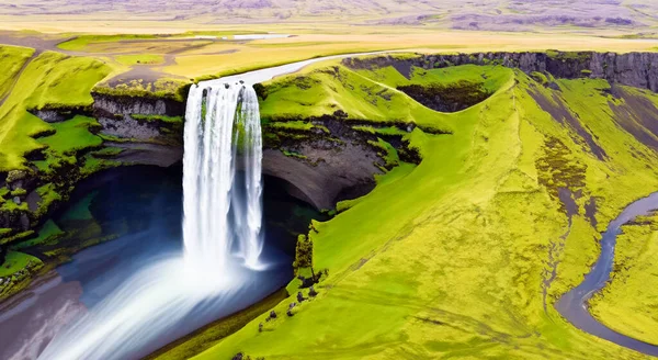 Vue Aérienne Panoramique Une Grande Cascade Iceland Haute Résolution Milieu — Photo