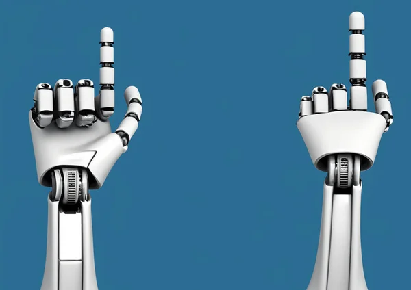 stock image hands of a robot of white color opposite and right on blue background