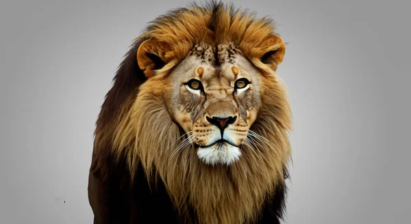 Красивый Величественный Лев Всеми Деталями Сером Фоне — стоковое фото